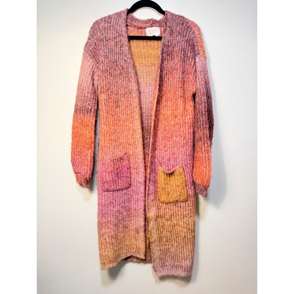 Audrey Parks Cardigan Size XS Pink Orange Ombre Longline Open Front Knit Cozy